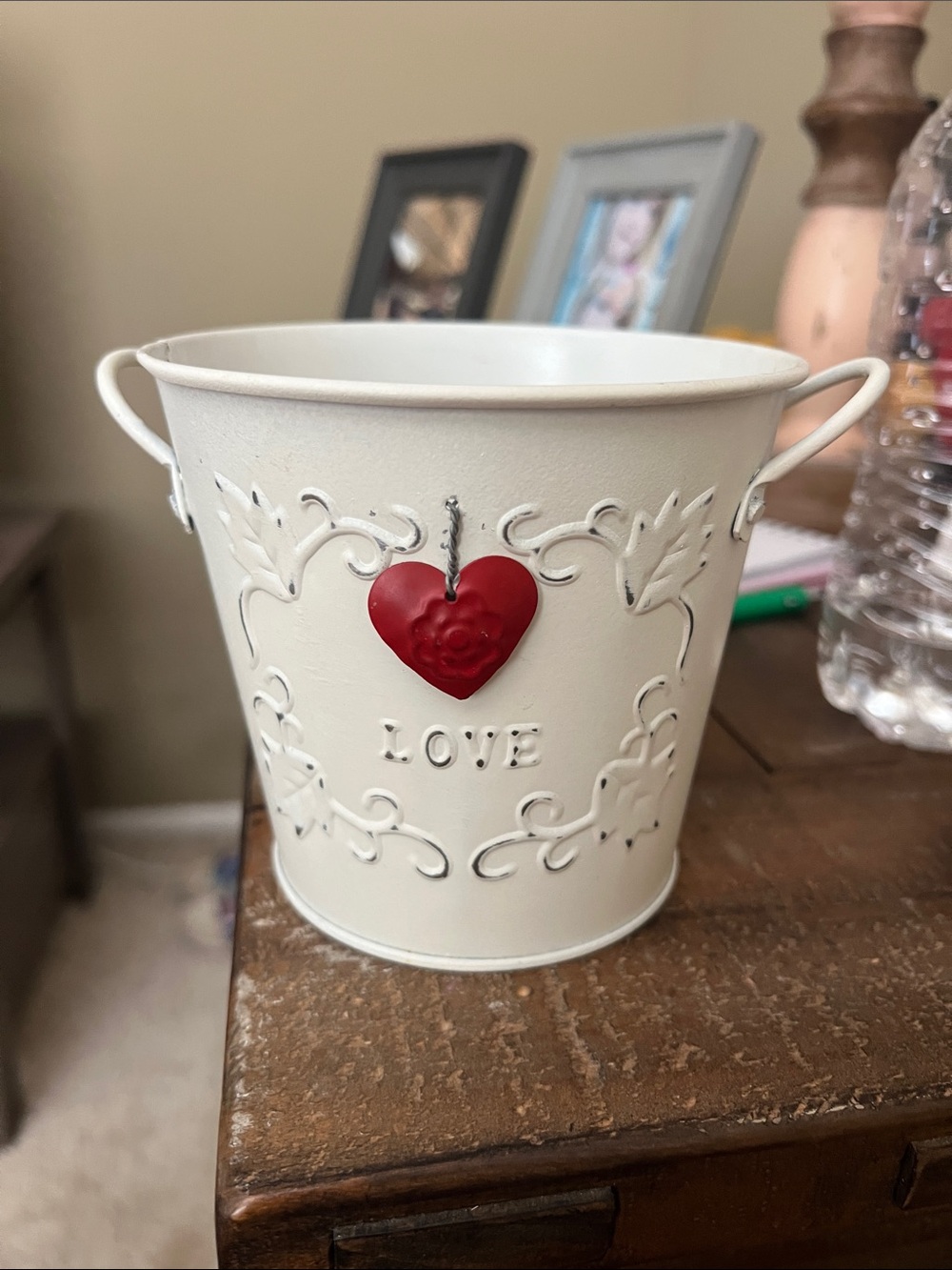 Cream 'Love' Decorative Metal Planter with Red Heart Accent